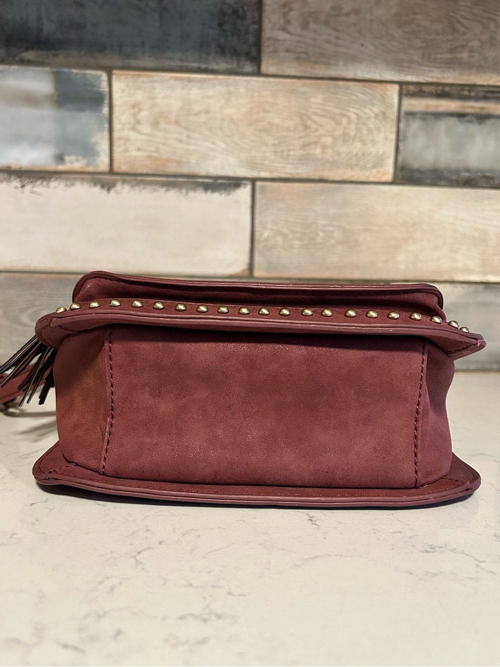 Like New Francesca’s Burgundy Woven Tassel Studded Crossbody Bag - Picture 6 of 14